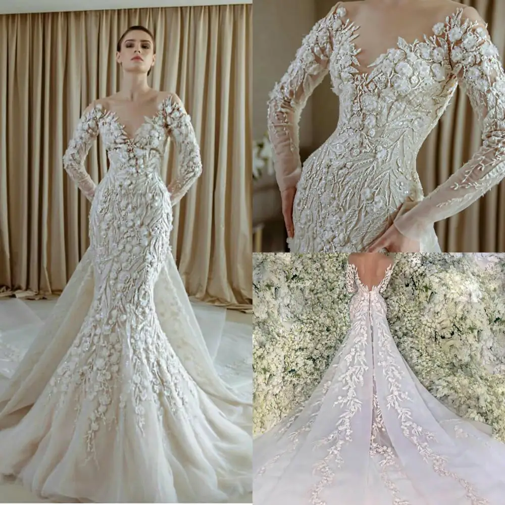 3D Flower Appliques Mermaid Wedding Dresses Sheer Neck Lace Long Sleeve Bridal Gowns Plus Size Saudi Arabic Pearls Beads Wedding