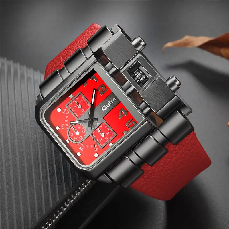 OULM Sports Quartz Watches 3364 Reloj Men\'s Wristwatch relogio masculino Big Square Size Watch Men Luxury Wide Leather Clock Red