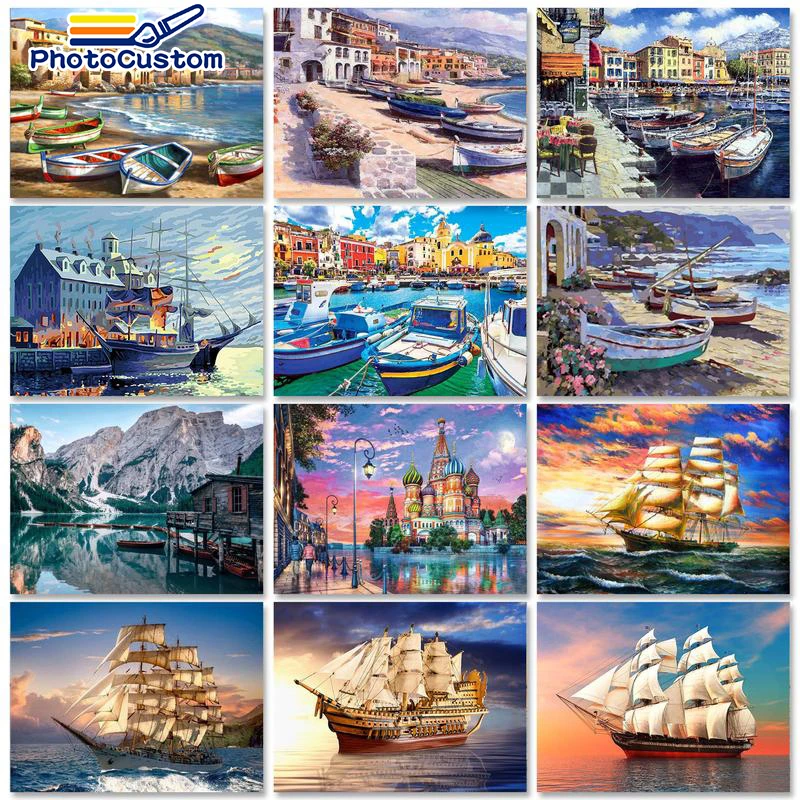 

PhotoCustom 40x50cm Oil Paint By Numbers Boat Scenery Acrylic Paint For Painting By Numbers On Canvas Home Decor Wall Art