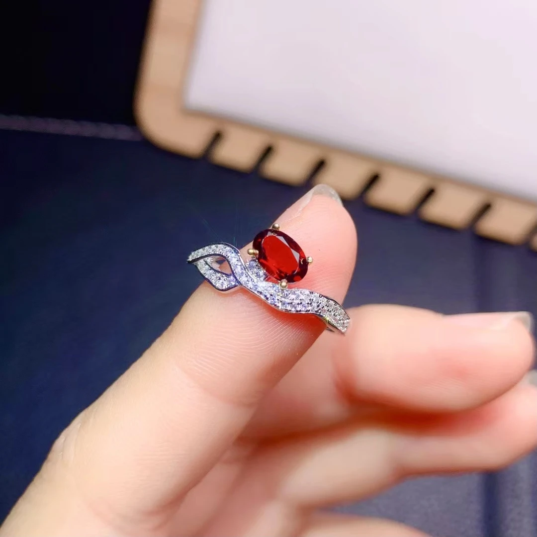 925 Pure Silver Chinese Style Natural Garnet Women's Luxury Trendy Simple Oval Adjustable Gem Ring Fine Jewelry Support Detectio