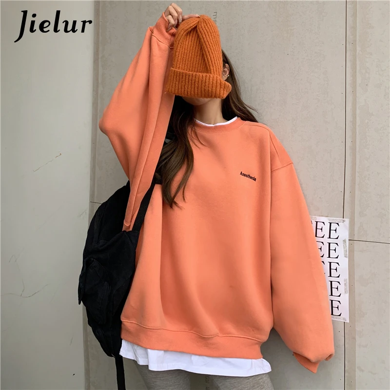 Jielur Orange Gray Sweatshirt Women M-XL Fake Two Piece M-XL Size Hoodie Female Loose Korean Fleece Streetwear Letter Embroidery