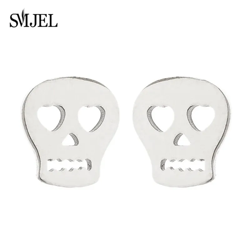 Silver Color Black Skull Stud Earrings For Women Men Halloween Ear Piercing Post Earrings Antique Stainless Steel Jewelry Gifts