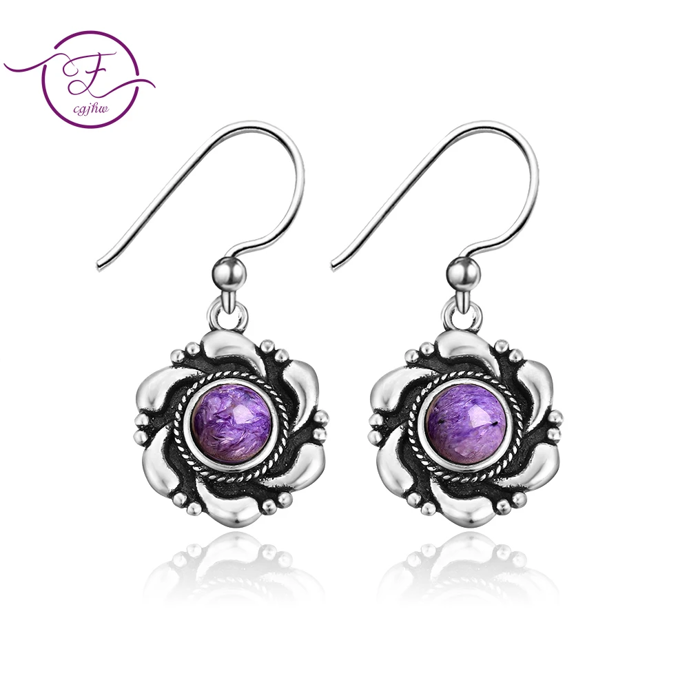 Fine Jewelry 925 Silver Earring for Women Natural Charoite Drop Earrings for Party Anniversary Gift Wholesale