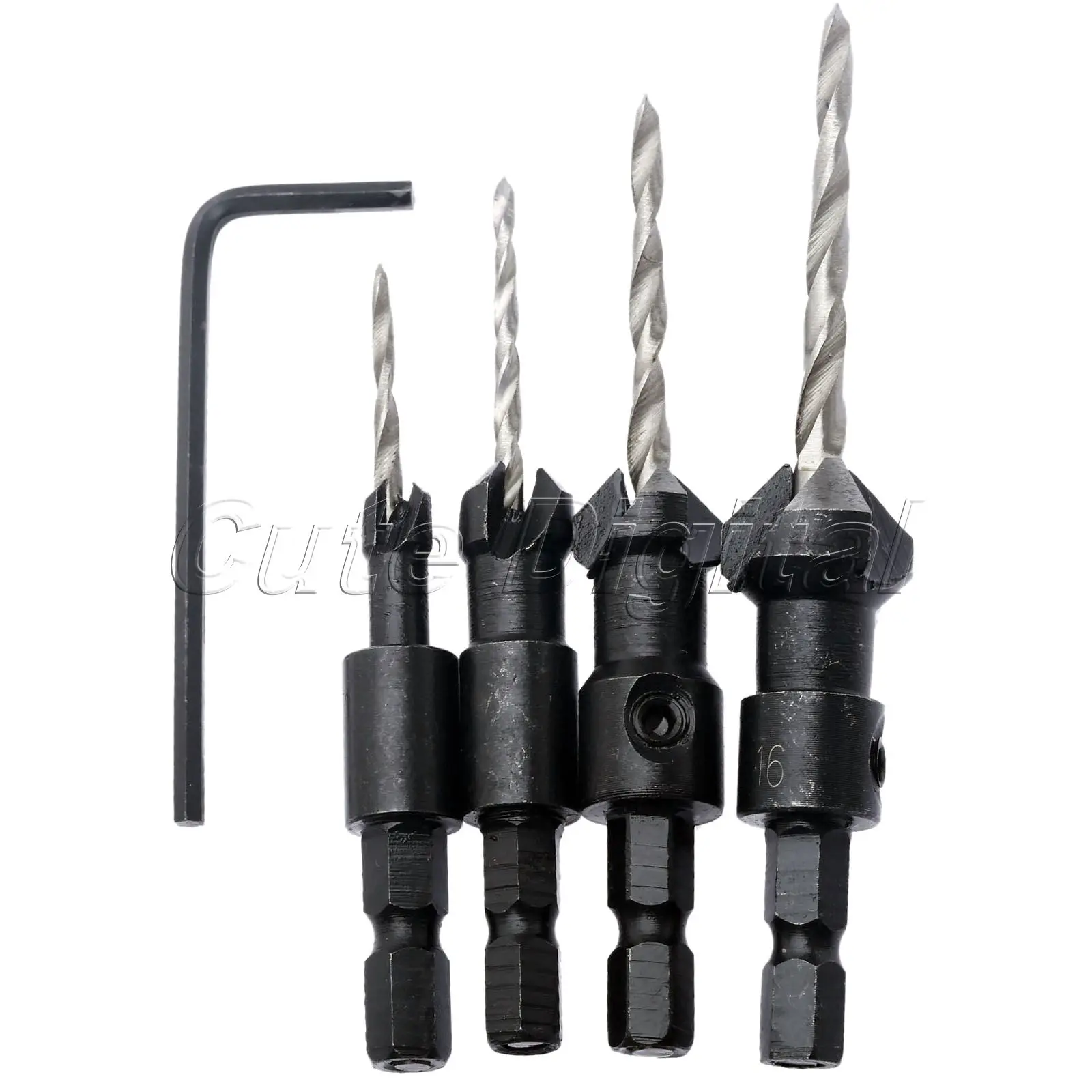 

DRELD 4pcs Quick Change Hex Shank HSS Carpentry Countersink Drill Bit Set Hole Saw Woodworking Mini Drill +Wrench #6 #10 #13 #16