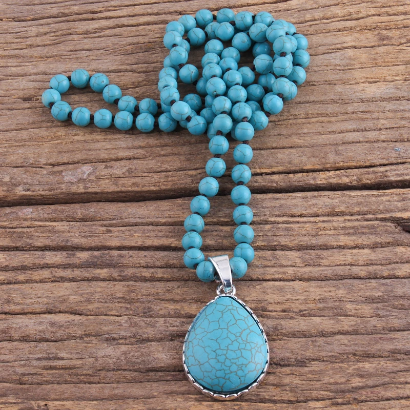 RH Fashion Bohemian Jewelry Accessory 8mm Blue Stones Knotted Stone Dorp Pendant Necklaces For Women Boho Necklace Dropship