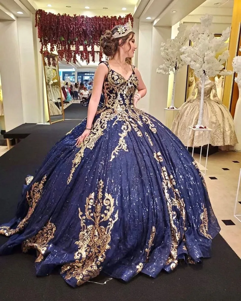 Navy Blau vestidos de xv 15 años Pailletten Abendkleider Korsett Zurück Ballkleid Prom Süße 16 Kleid robe de princesse fille