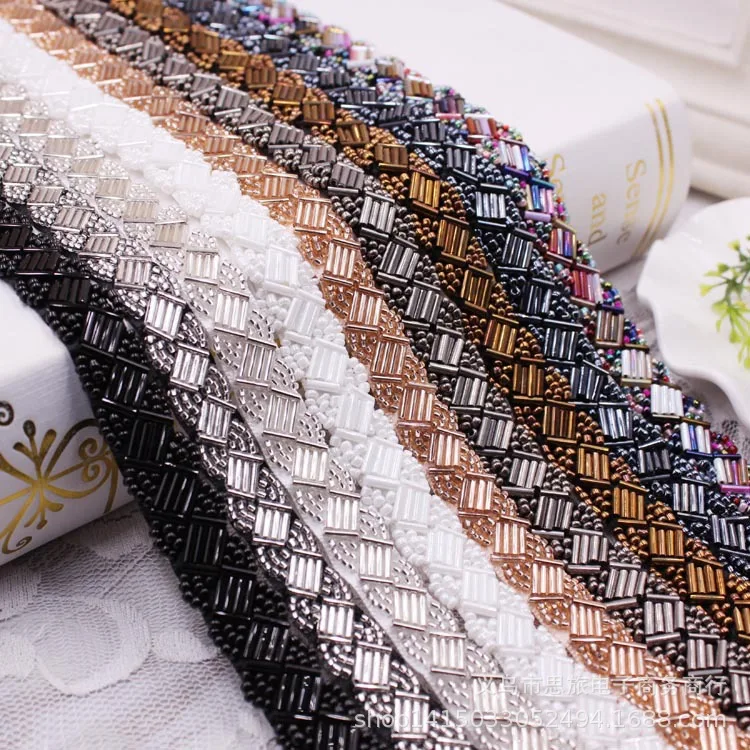 1Yard Pearl Beaded Lace Trim Mesh Lace Ribbon Fabric Clothes Decoration Wedding Dress Collar Sleeve Lace Applique DIY Crafts