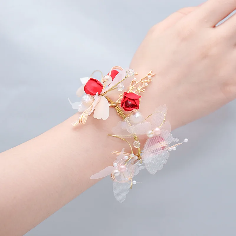Ramillete de muñeca de flores, pulsera de mano de dama de honor de mariposa para boda, baile de graduación para niñas
