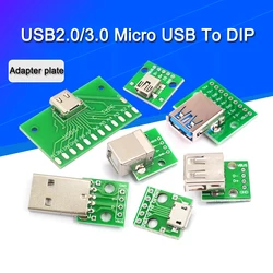 5/2PCS USB Male Connector /MINI MICRO USB to DIP Adapter Board 2.54MM  Female Connector B Type-C USB2.0 3.0 Female PCB Converter