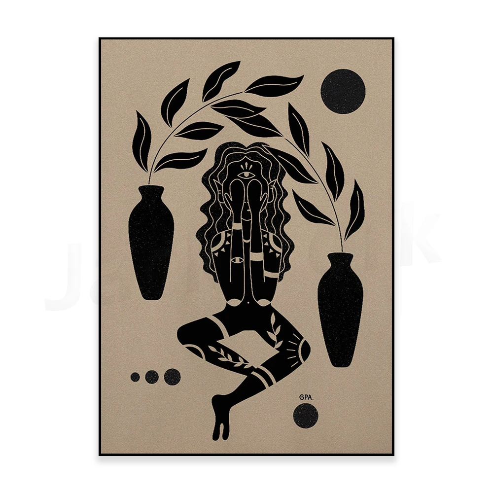 Ink Print, Sun And Moon Art, Magical Girl, Floral Wall Art, Magical Forest Decor, Mystical Decor, Nature Decor, Moon Poster