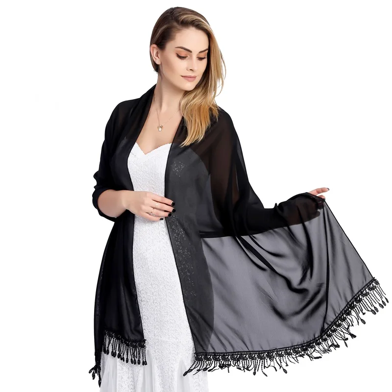 

Women Party Evening Chiffon Shawls Lady Tulle Wedding Wraps with Tassel For Bride Chapel Veil Scarf Black White Navy Bolero