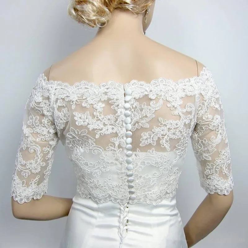 High Quality Lace Wedding Shawls Half Sleeves Bridal Bolero Bateau Neck Custom Made Wedding Wraps Shrugs Buttons Back Stole