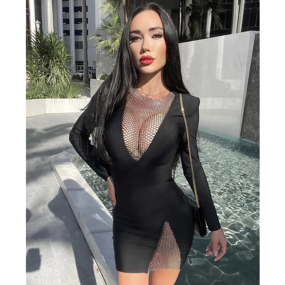 6Colors Trendyol Women Spring Daily Dress Deep V Neck Diamonds Mesh Long Sleeve Bodycon Mini Bandage Dress Going Out High Street