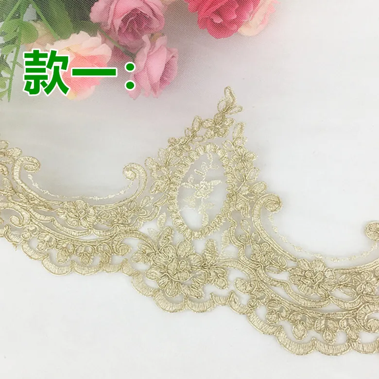 1Yard Light Gold Cord Embroidery Lace Trim for Bridal Wedding Gown Costume Design Lace Mesh 16CM