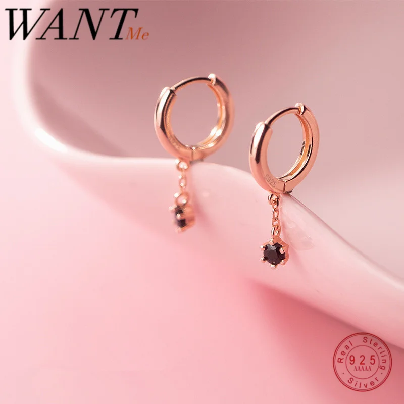 

WANTME Fashion Genuine 925 Sterling Silver Minimalist Black Zircon Chain Tassel Stud Earrings for Women Korean Party Jewelry