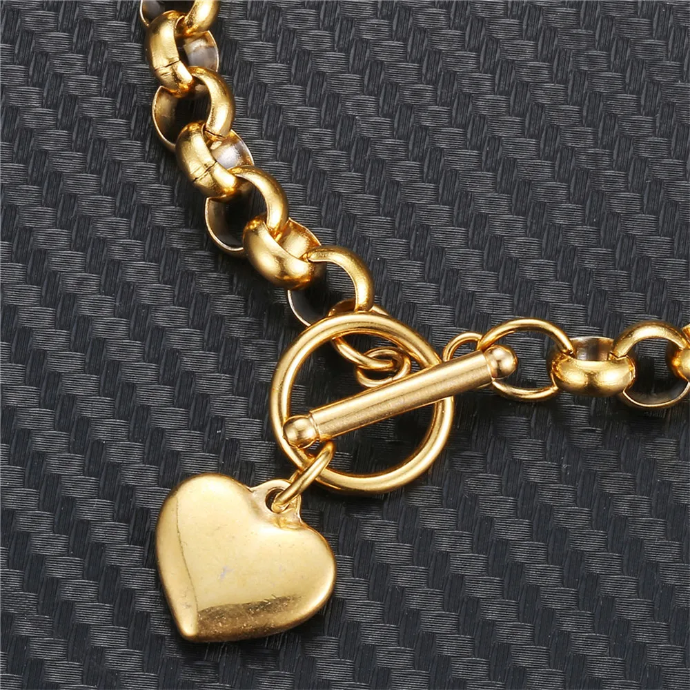 Vintage Stainless Steel Keel Chain Puff Heart Charms Bracelet For Woman Toggle Bracelets Jewelry