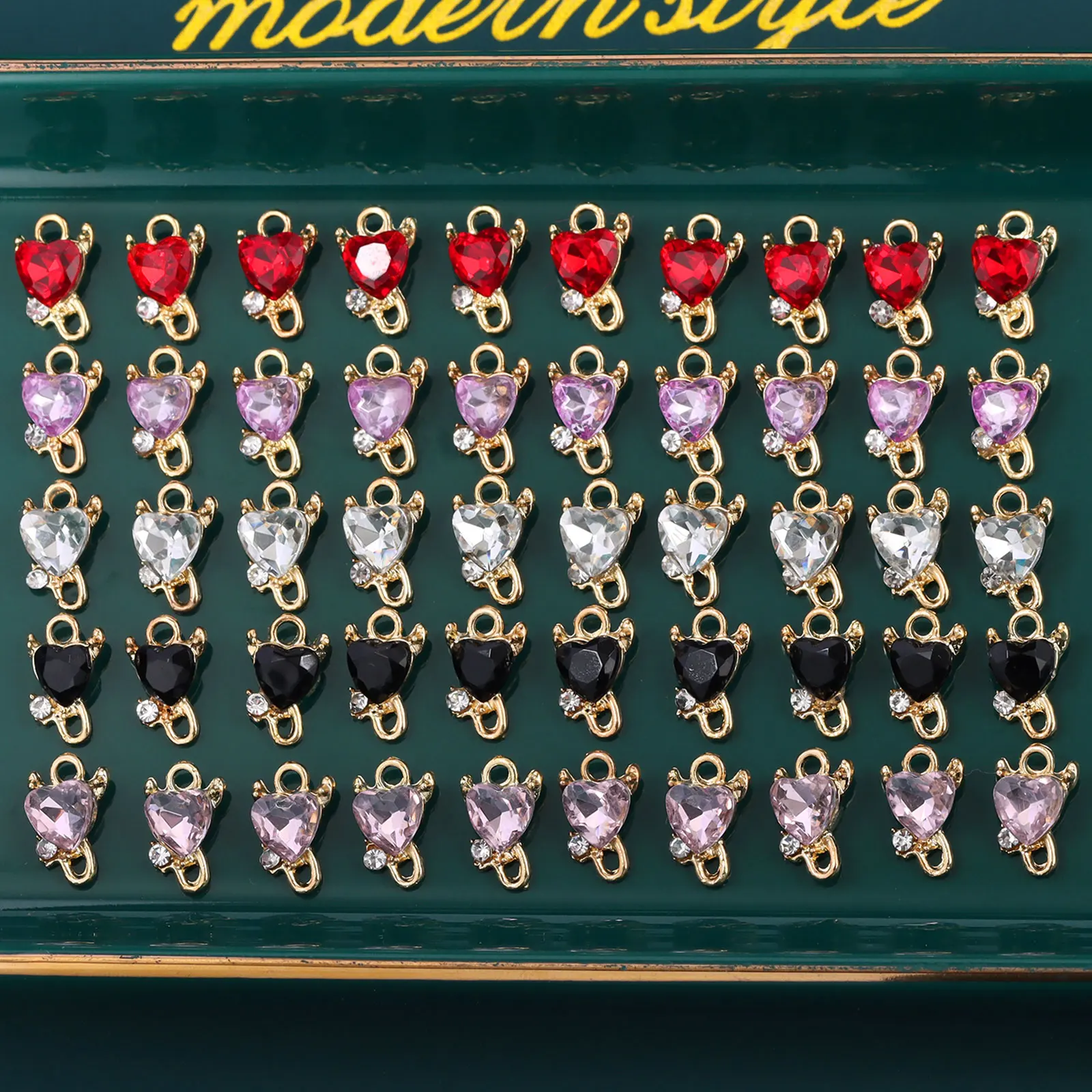 72Pcs/Lot Shiny Heart Rhinestone Colorful Charms With Free Box Jewelry Accessories for Making DIY Pendant Earrings Necklace