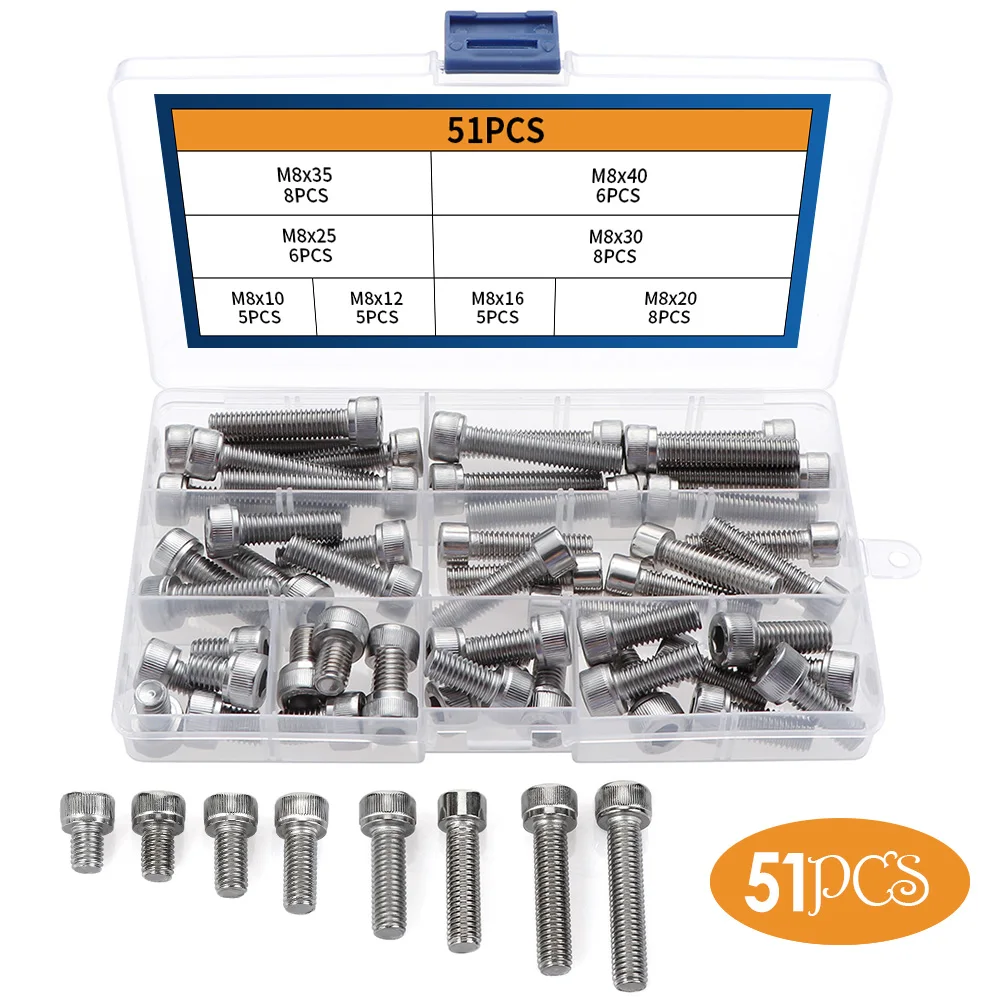 

51pcs/Box M8 Bolts Hex Socket Screws Round Cap Head Screw Bolts Assortment Kit 304 Stainless Steel Nuts Sets