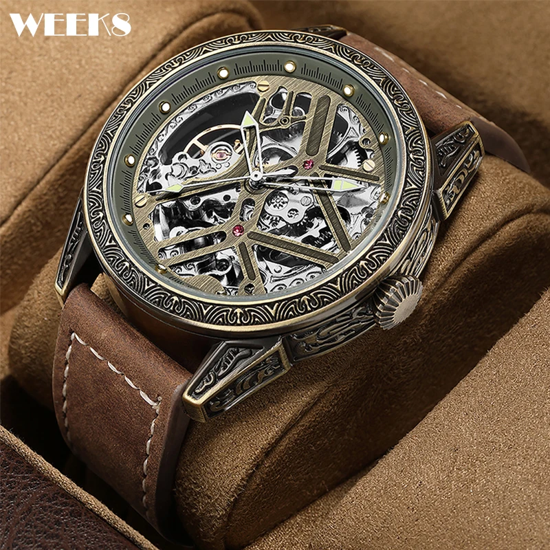 

Vintage Automatic Mechanical Watch Men Mens Skeleton Steampunk Watches Male Bronze Engraved Case Clock Hombre Relogio Masculino