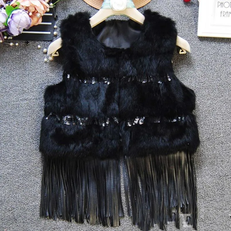 

Autumn winter sequined fur stitching vest women o-neck tassel top waistcoat