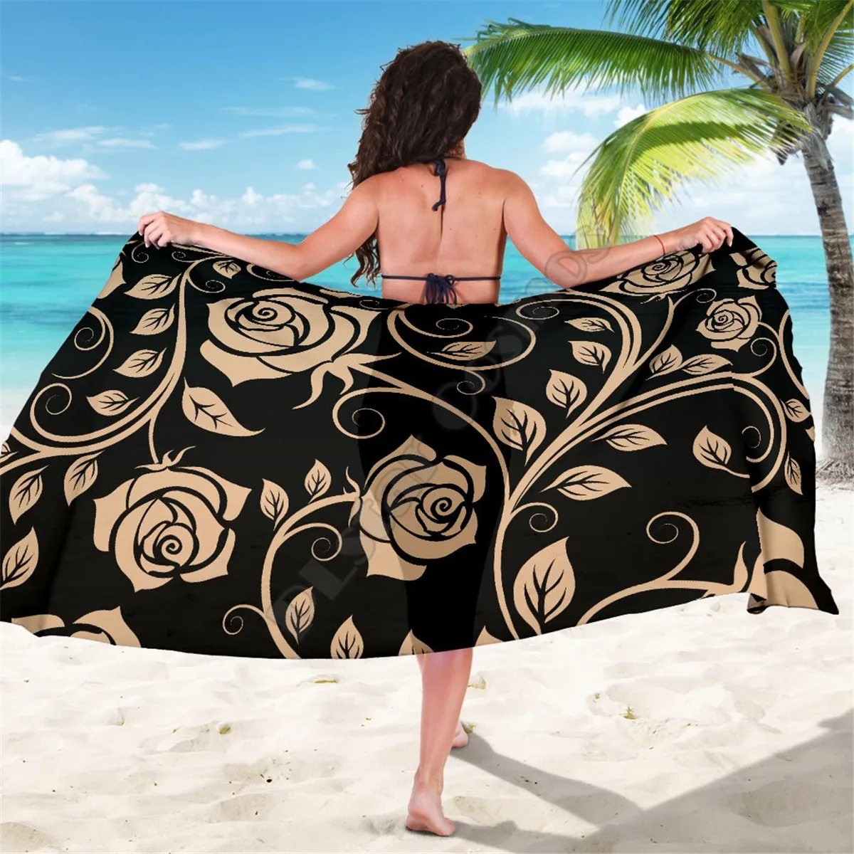 

Tan FLoral Decor Sarong 3D printed Towel Summer Seaside resort Casual Bohemian style Beach Towel