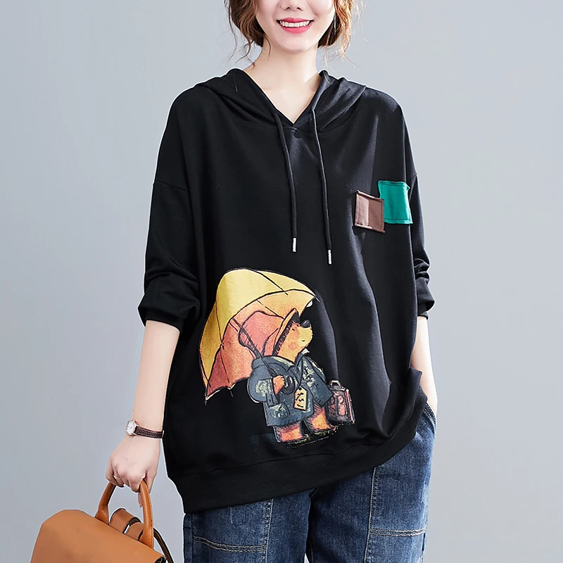 Women Winter Fall Fashion Clothes Female Comic Umbrella Bear Print Vintage Patchwork Long Sleeve Casual Loose Hooded Sweatshirts