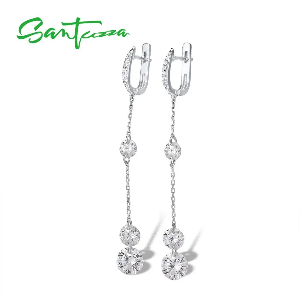 SANTUZZA Silver Earrings For Women Pure 925 Sterling Silver Sparkling White Cubic Zirconia Long Drop Earrings Fine Jewelry