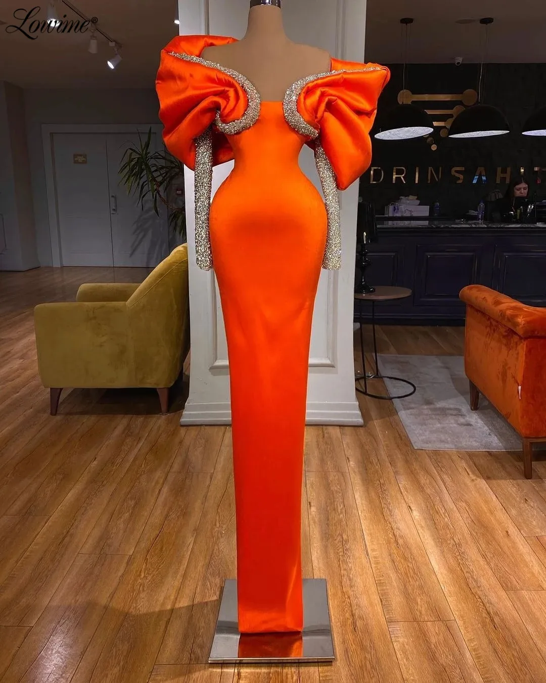 Lowime Orange Off The Shoulder Long Sleeves Formal Evening Dresses Women Wedding Party Dress 2022 Robes Satin Beading Prom Gowns