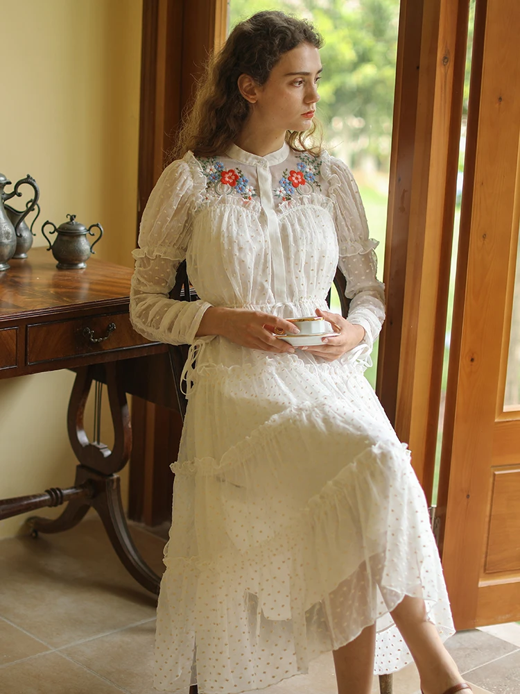 LYNETTE'S CHINOISERIE Spring Summer New Women French Style Cottagecore Mori Girls Flower Embroidery Ruffled Chiffon Dresses