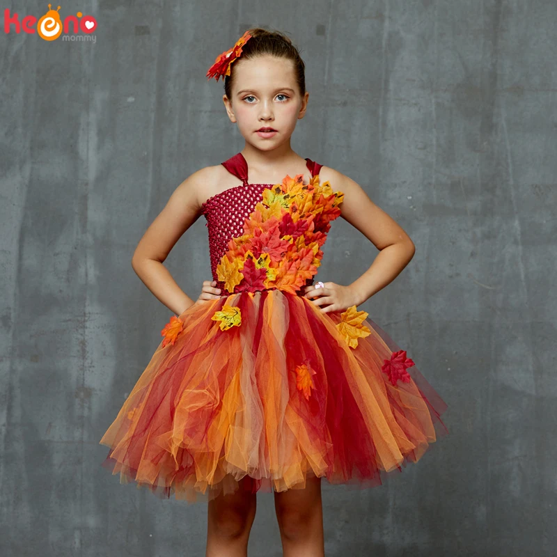 Fall Autumn Girls Tutu Dress Kids Maple Leaves Dress Up Halloween Costume Fancy Birthday Party Carnival Thanksgiving Clothes