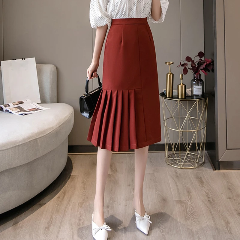 REALEFT Office Lady Skirts 2021 New Spring Women Midi Pleated Skirts Elegant Korean Style High Waist Wrap A-Line Skirts Female