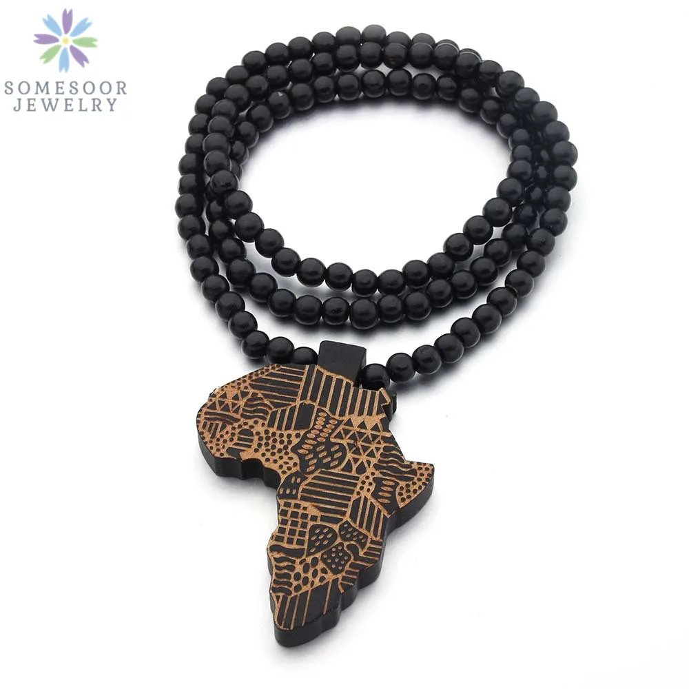 SOMESOOR Vintage Natural Wood African Map Pendant Necklace Engraved Afro Ethnic Pattern Elastic Beads Chains For Women Gifts