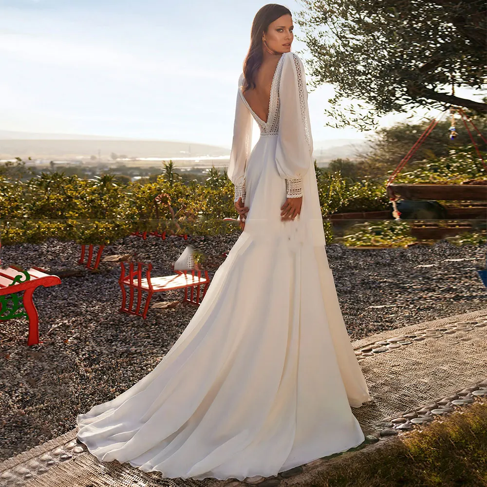 Abito da sposa in Chiffon con scollo a v per donna pizzo Backless A-Line manica staccabile abiti da sposa Beach Robe De Mariée personalizza