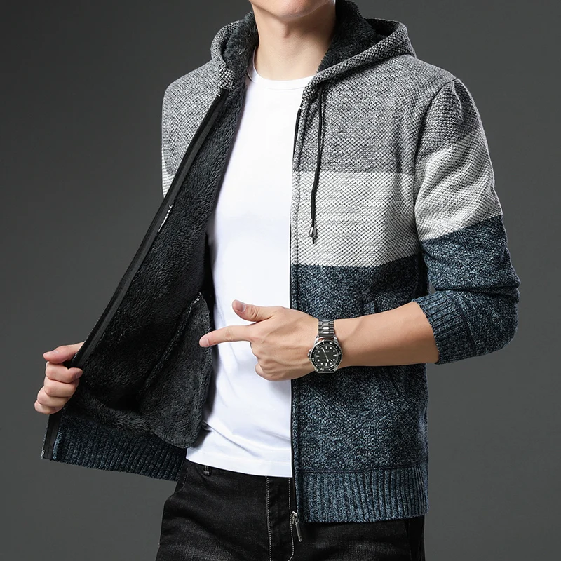 Plush Warm Hooded Sweater Coat Stripe Autumn Winter Fleece Sweater Men's Fashion Patchwork Y2K Sports Zipper Cardigan Jacket 4XL