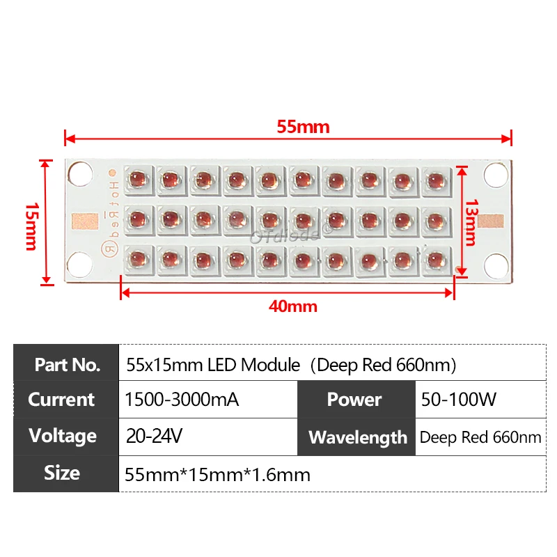 20W 30W 50W 100W coltiva LED COB Chip rosso intenso 660nm fai da te pianta crescita della frutta lampada luce diodo SMD 55*15mm con substrato di rame