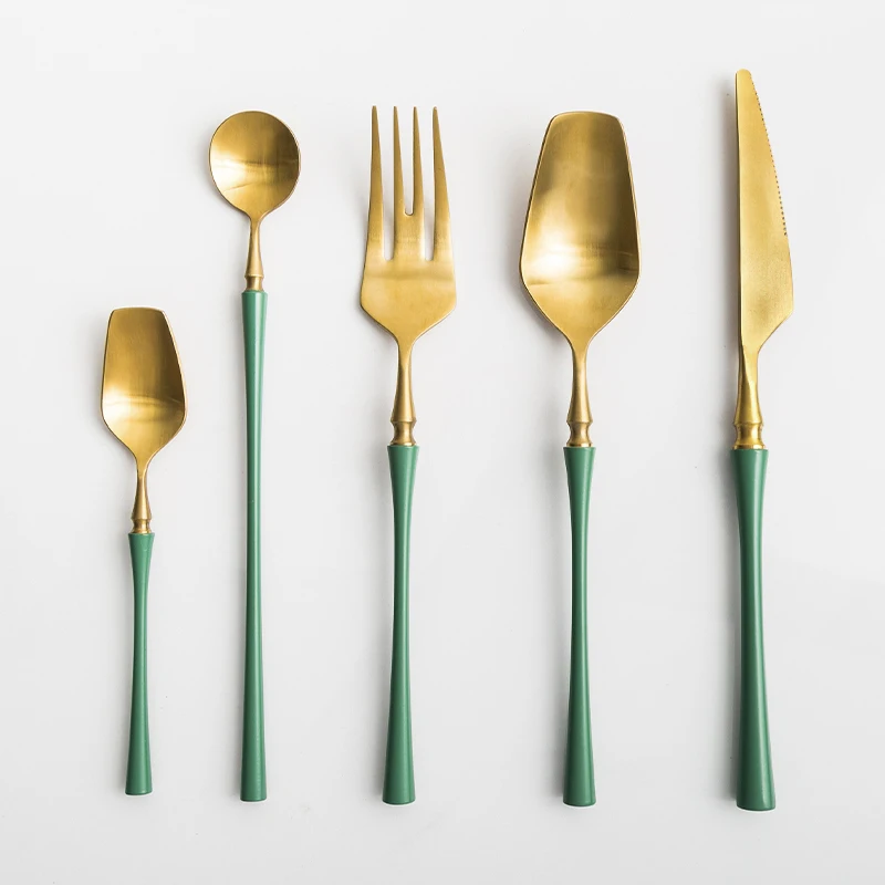 

Retro Green Stainless Steel Knife Fork Spoon Tableware Set Metal Golden Steak Knives Forks Dessert Coffee Spoons Home Hotel