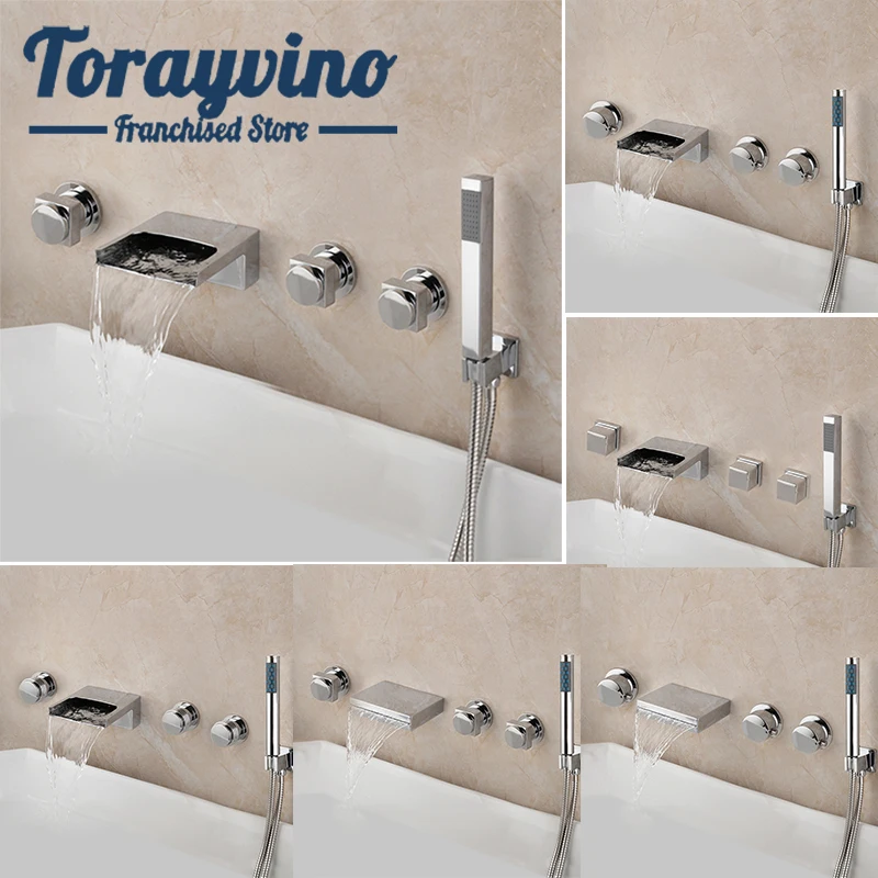 

Torayvino Bathtub Water Mixer Bathroom Set Faucet Brass Luxury Hot & Cold Deck Mounted Waterfall 3 Handle With Shower Terceira