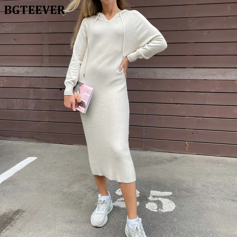 BGTEEVER Autumn Winter Women Dress 2021 Hooded Knitted Midi Dresses for Women Long Sleeve Loose Female Sweater Vestidos 2021