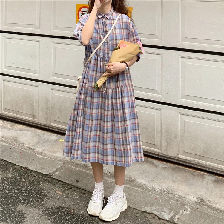 Academische Stijl Zomer Losse Kraag Plaid Jurk Vrouwelijke Zomer 2020 Nieuwe Stijl Korte Mouw Lange Patroon Rok Lolita Jurk