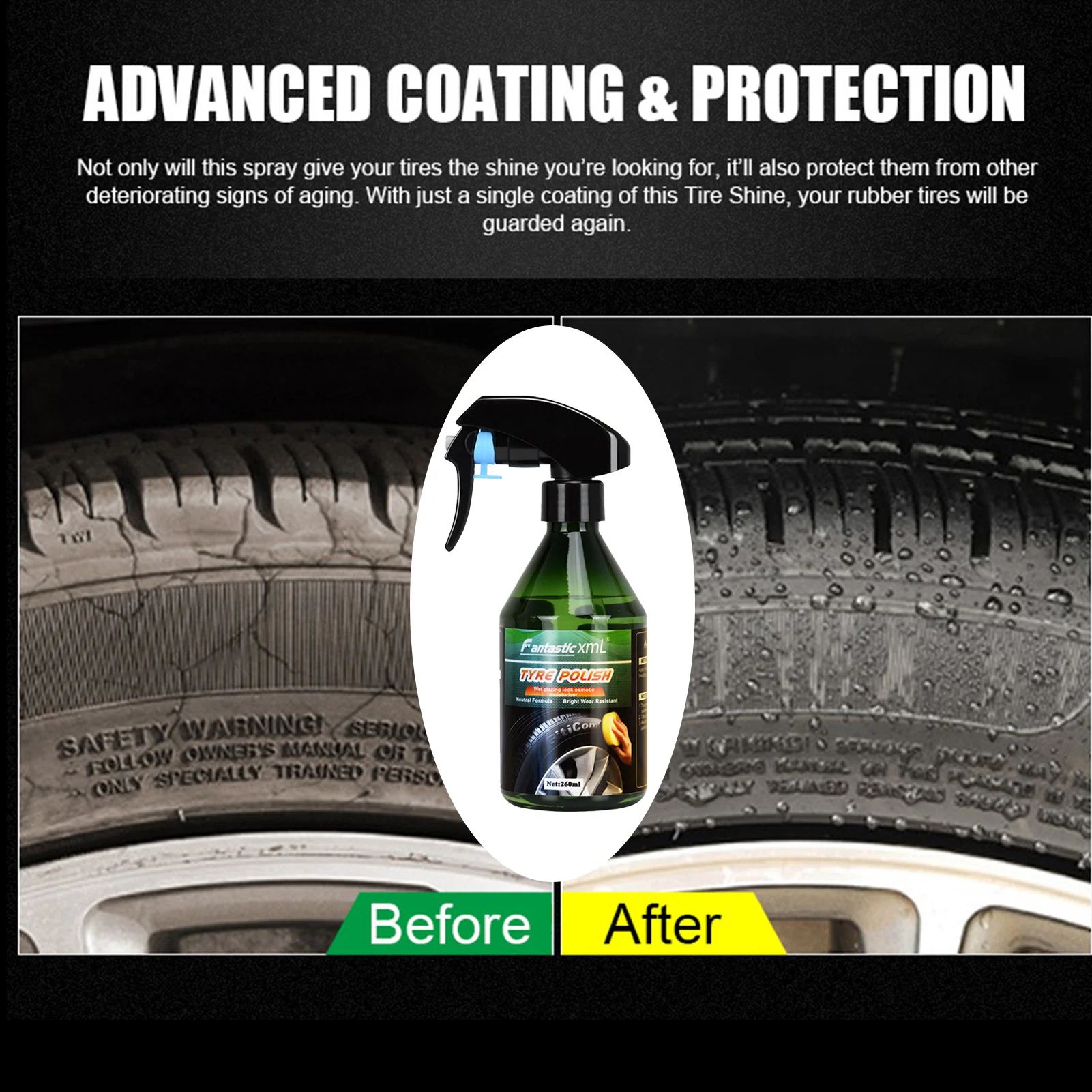 Car Tyre Shine Polish Wax Accessories 260ml Auto Tire Shiny Polishing Spray Wax Detailing Brightener Agent Coating Care