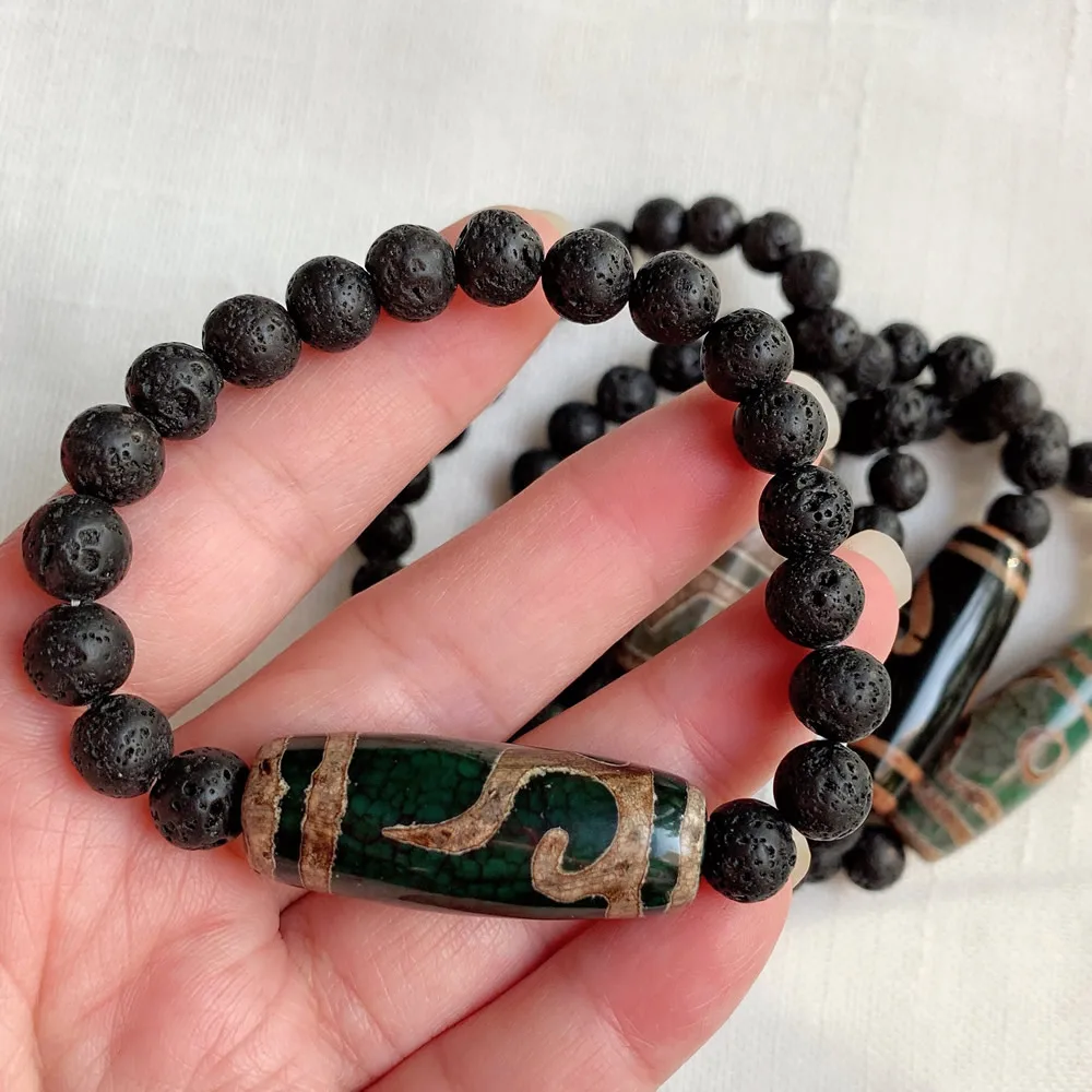 Retro Natural Tibetan Agates Stone Strand Bracelets Tiger Teeth Agat Dzi Black Lava Beaded Bracelet for Women Men Reiki Healing