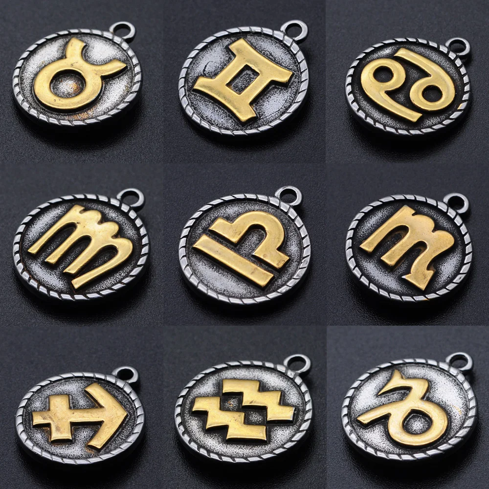 12Pcs /Lot  Stainless Steel Two Tone Zodiac Sign Charm Constellation For  Making Bracelet Necklace Pendants