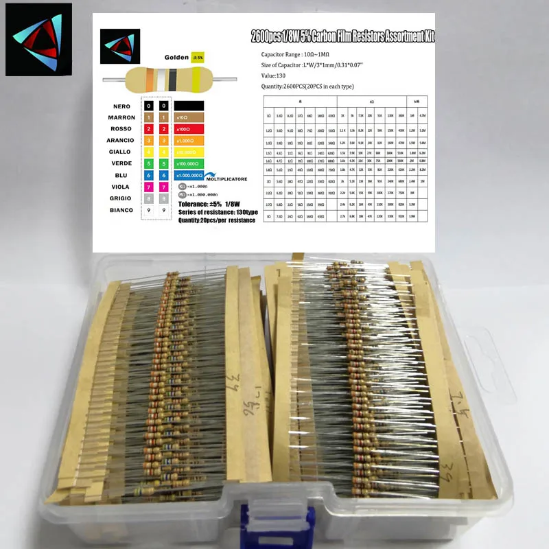 2600Pcs/Lot 1/8W 5% 1R~10Mohm 130ValuesX20Pcs Carbon Film Resistor Kit Pack Samples Assorted Kit