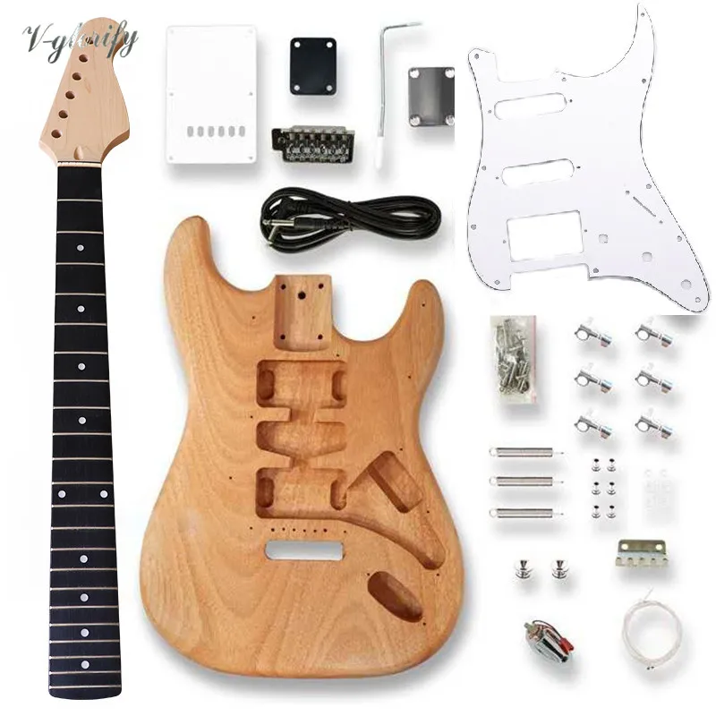 ST Electric Guitar Body & Neck Kit Okoume Wood Barrel Maple Neck 22 Frets White Pickguard Unfinished Project DIY Guitar Parts