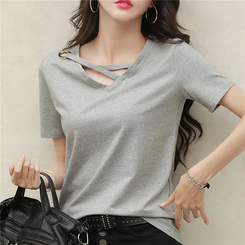 2023 Women Summer V-neck Loose Short Sleeve White T-shirt Women Korean Solid Color Tops Casual Compassionate Trend T Shirt