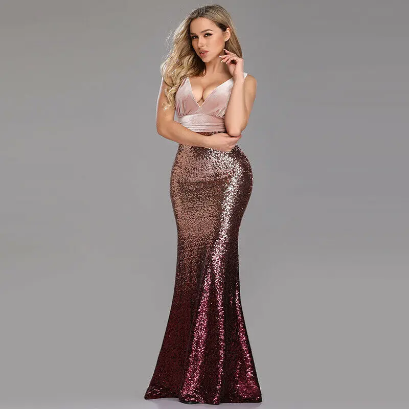 ในสต็อก Evening Mermaid V-Neck Sequins Sparkle ยาวตุรกีชุดราตรี Dresses Robe De Soiree