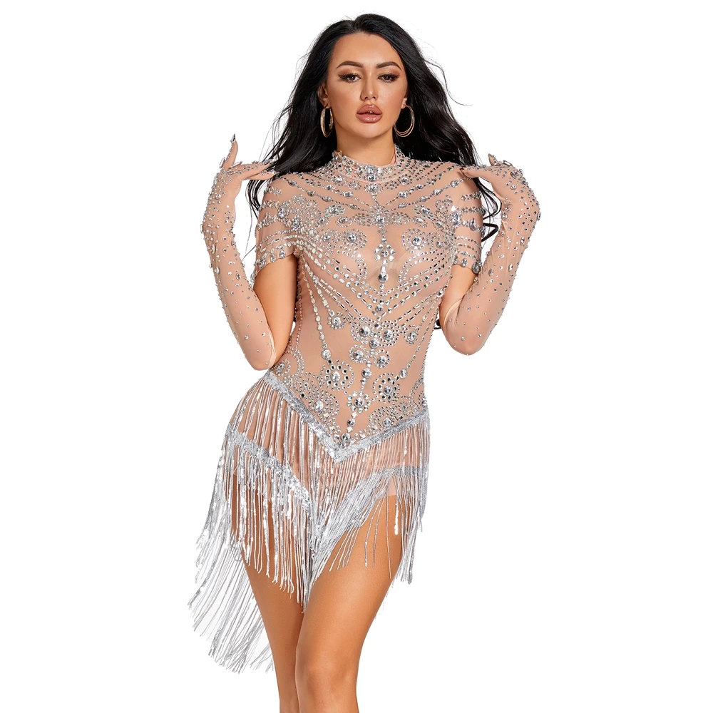 Sparkly Rhinestone Sequin Fringes Short Sleeve Dress Bar Women Dance Costume Celebrate Outfit Evening Show Dancer Stage Wear