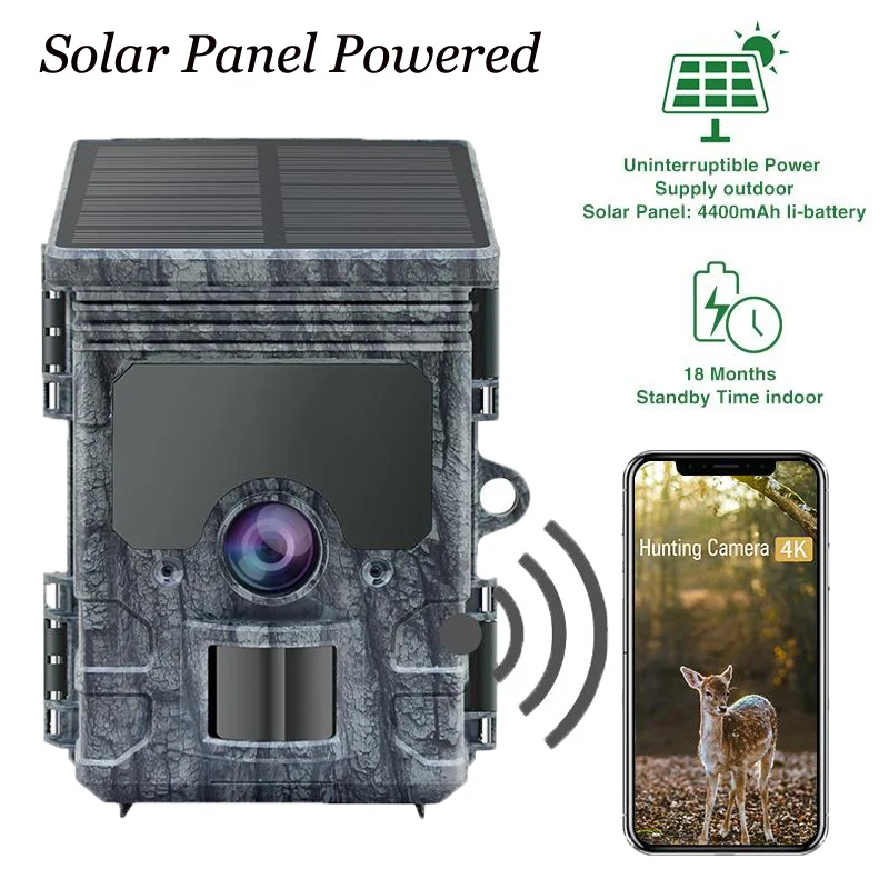 

Outdoor Wildlife Trail Camera APP 4K 30MP WiFi Solar Panel Powered Night Vision Waterproof IP66 Hunting Camera