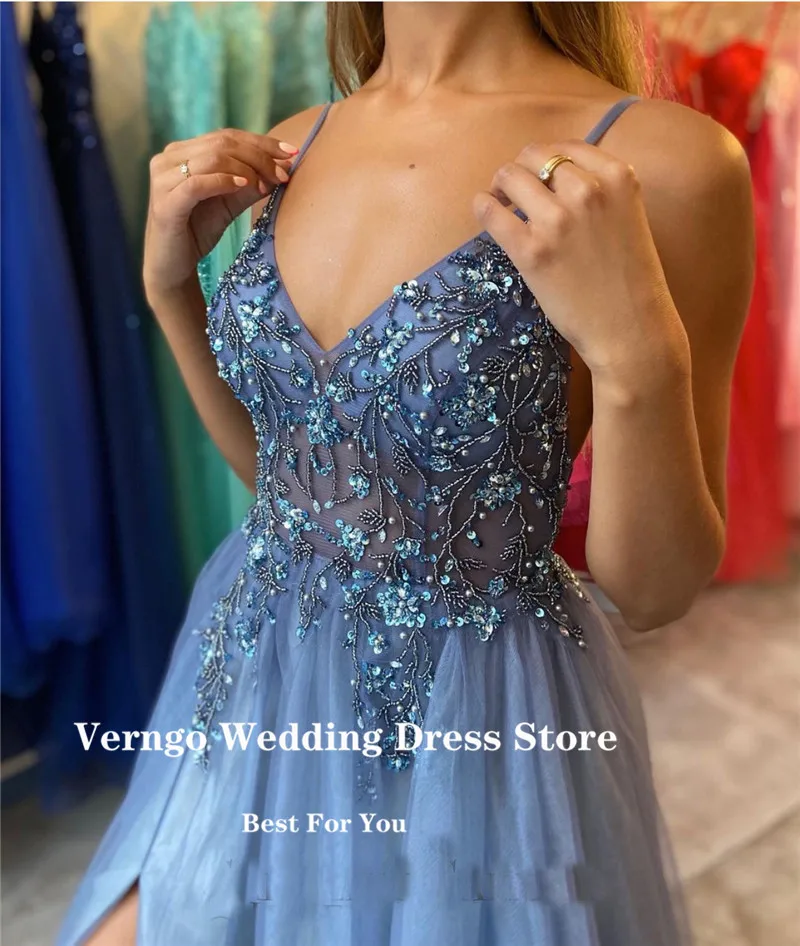 Verngo Blauwe Kralen Tulle Lange Prom Dresses Spaghettibandjes Side Slit Avondjurken Elegante Vrouwen Party Speciale Gelegenheid Jurk