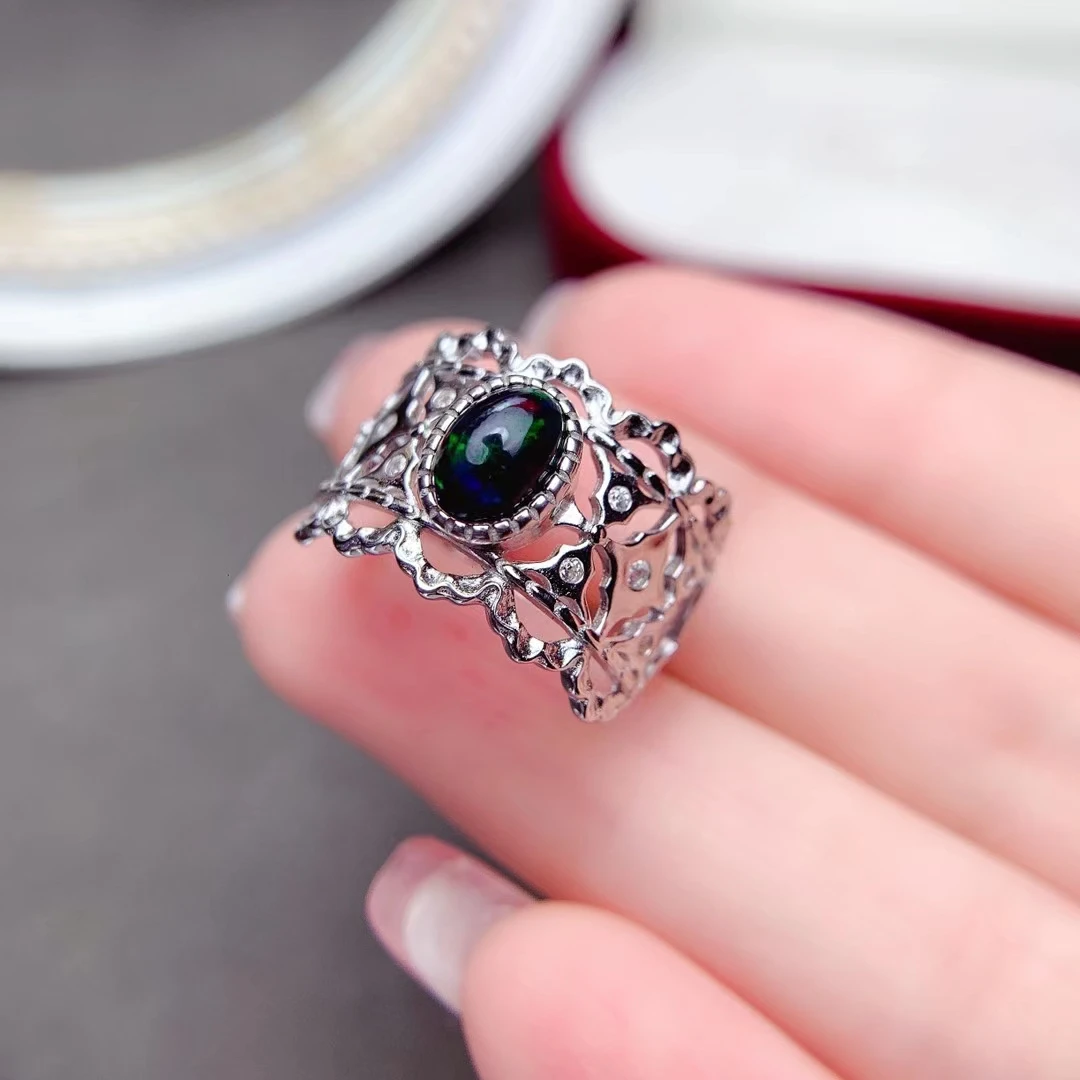 2021 New Natural Black Opal Ring Real 925 Sterling Silver Gold Plated Fine Jewelry Good Colorful Fire Secret Birthstone image 5